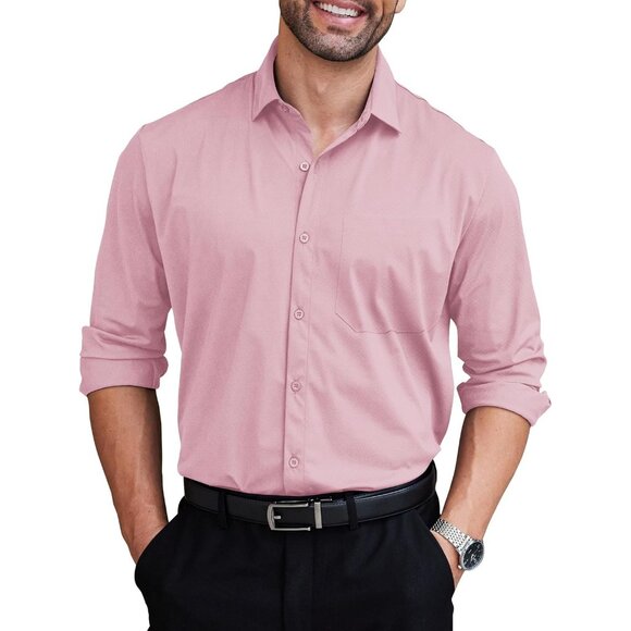 Light Pink  Men Long Sleeve Wrinkle Free Textured Button Down Dress Shirt - Picture 1 of 7
